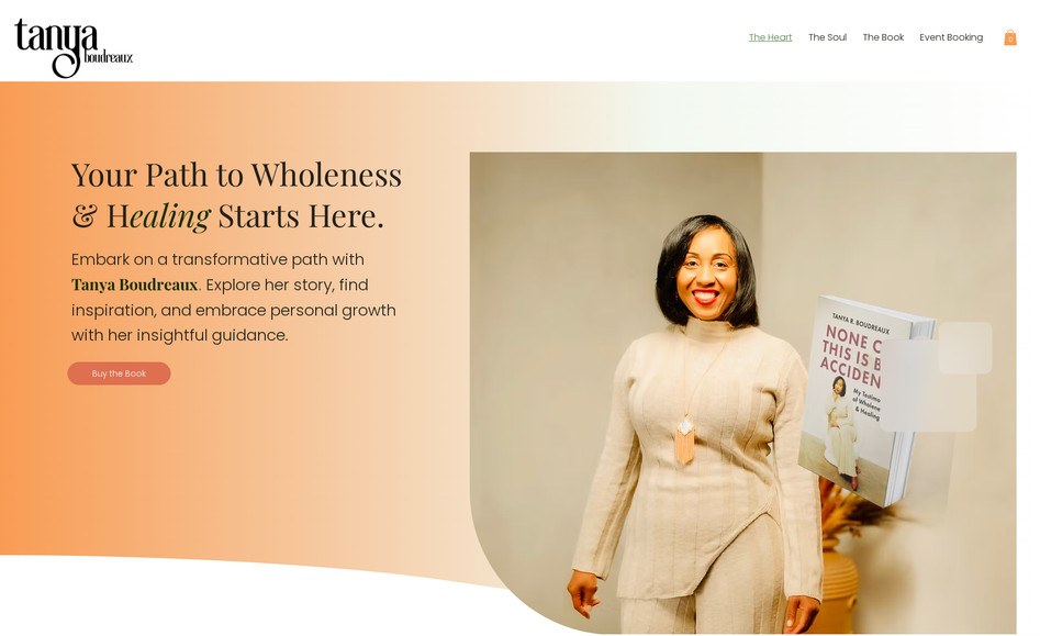 Tanya Boudreaux: A simple webpage for a newly published book author. This website was built on WIX Studio, and it included an eCommerce function and a booking form for event speaking requests.