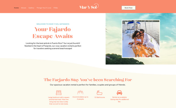 MarYSol Getaways: Created a beautiful landing page for MarYsol Getaways, an Airbnb in Fajardo Puerto Rico. This landing page allows the owner to accept bookings, showcase the property and showcase reviews. 