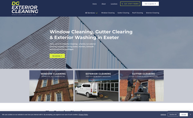 DG Exterior Cleaning: A service-based enquiry generation website for a local exterior cleaning company. Set up full branding and clear Get a Quote forms on each landing page, this site is designed to generate phone calls and custom quote requests.