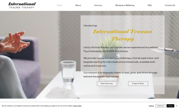 International Trauma Therapy: Full bespoke website created on Wix Studio.