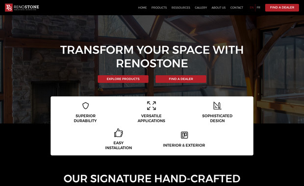 Renostone: Fully responsive catalogue website built from scratch, featuring a custom CMS with dedicated pages for showcasing each product.