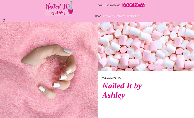 Nailed It By Ashley: Site done for $500 - This website, designed for a nail technician's salon, features a chic pink-and-gold theme, SEO optimization for visibility, mobile responsiveness, and an easy-to-use booking system, creating a stylish and professional online presence.