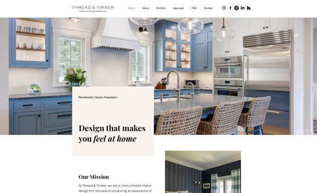 Thread & Timber: Overview:
We partnered with Thread & Timber, a New England-based interior design studio specializing in elevated, livable spaces, to lead a full rebrand and website build. The goal was to refine their visual identity, clarify their offerings, and showcase their portfolio in a way that reflects the studio’s warmth, style, and attention to detail.

Scope of Work:

Brand identity refresh including new logo, color palette, and typography

Strategic brand messaging and positioning for a high-end, approachable feel

Custom website design featuring a clean, editorial layout

Portfolio build-out with high-resolution photography and project storytelling

Service pages clearly outlining the studio’s process and design approach

Blog and resource section for future content and thought leadership

Contact and inquiry forms to generate qualified leads

Fully responsive and SEO-ready site structure

Outcome:
The new Thread & Timber brand and website reflect the studio’s balance of beauty and function. It’s a platform that feels as curated and intentional as the spaces they design—inviting potential clients to explore, connect, and start their next project. The site positions Thread & Timber as a trusted partner for full-service interior design in New England and beyond.