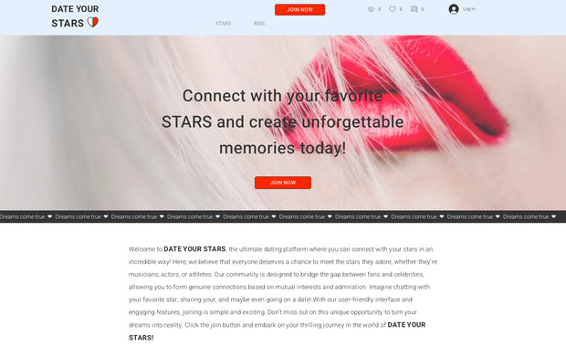 DATE YOUR STARS: full dating app
includes all mechanisms like follow, like, block, location
includes advanced users filter
include realtime messaging
include video chat and bidding room