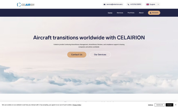 Celairion: I designed and developed the Celairion website to provide a professional and user-friendly platform for their aircraft transition services. My role encompassed both front-end and back-end development, ensuring a seamless and secure experience for users.

I crafted a responsive design that ensures the website functions flawlessly across various devices, from desktops to smartphones.

I implemented intuitive navigation with clear menus and a structured layout, allowing users to easily explore services, resources, and contact information.

I optimized performance by compressing images and utilizing efficient coding practices, resulting in fast load times and improved user experience.

I integrated SEO best practices, including clean URLs, meta tags, and structured data, to enhance search engine visibility and drive organic traffic.

I developed a content management system (CMS) that empowers the Celairion team to easily update and manage their services, blog posts, and other content.

I ensured security by implementing SSL encryption and adhering to industry-standard protocols to protect user data and build trust.

I focused on accessibility, ensuring the website meets ADA standards and provides an inclusive experience for all users.

In summary, I delivered a dynamic and secure website that effectively communicates Celairion's offerings while providing a seamless and accessible experience for visitors.