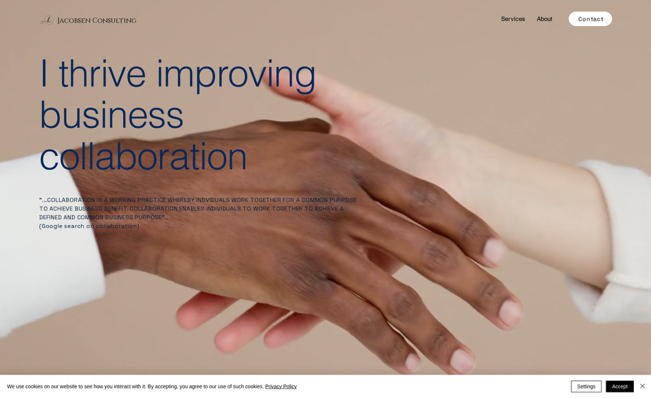 Jacobsen Consulting: Jacobsen Consulting contacted me when they were starting their new business and needed both help with branding - logo and profile, and structuring and designing a new site. 

Having known this client for a while, I knew that she liked blue, she is straight forward and professional, but still has a soft side. As tried to bring forth in the logo where she is in the middle (the "h"), she is good at thinking outside the box, however, always professional and with her heart in everything she does.

This is the result!