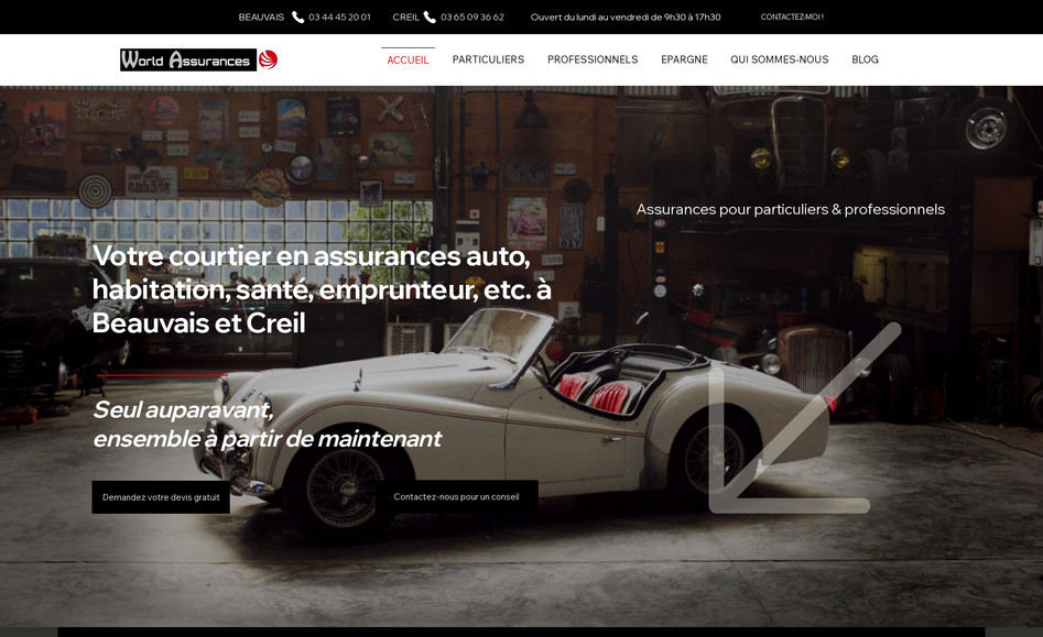 World Assurances: Projet intégral, site clés en main : design, contenu, UX design (parcours utilisateur), référencement naturel, pages légales, articles du blog, formation au SEO