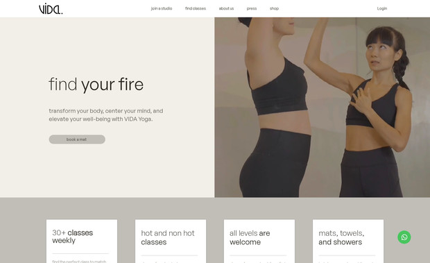 VIDA Yoga Studio: Yoga studio and cafe booking appointments, customer class and plans, and online store, in multiple locations.
