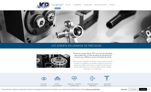 JCP: Activité : Mécanique de précision
Nous avons effectué la migration d'un site avec une technologie très ancienne en WIX.
Notre prestation a consisté à proposer une nouvelle identité visuelle. Effectuer un shooting photos sur site pour obtenir de visuels de qualité.
Nous avons proposé une arborescence permettant de présenter tous les métiers et services de notre client et aussi son savoir faire technique.
L'idée de base était de resituer notre client comme une entreprise moderne et capable de se mettre au niveau de clients grands comptes.
Nous avons rédigé l'intégralité des contenus.
Le travail du référencement a été fait sur les pages pour que le site soit SEO friendly.

