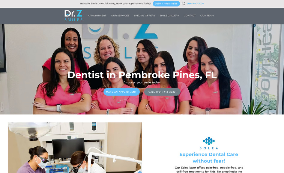 Dr. Z Smiles: A fully custom-designed and built Wix Classic website for a Dental practice in Florida. The primary focus of the website is to provide information on the services offered and to allow website visitors to set up an appointment easily through the integrated booking forms or call buttons. The website uses hover animations and custom velo code to enhance user experience.