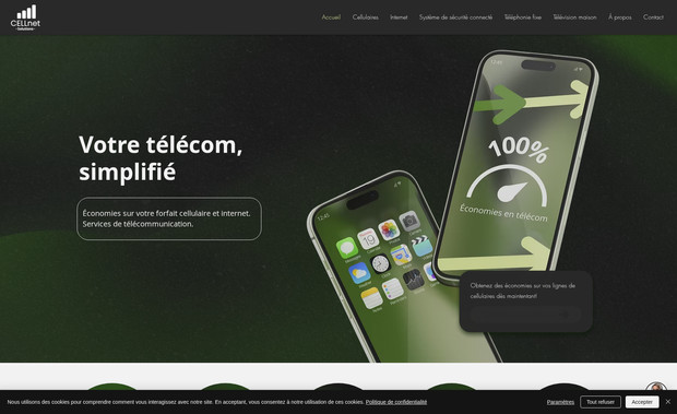Cellnet Solutions: Le site de CELLnet Solutions, conçu sur Wix de base, est un site web "budget" avec une forte identité visuelle. Il offre une navigation fluide et permet de gérer facilement les promotions via le CMS.

📊 En termes de SEO, le site est entièrement optimisé, garantissant une visibilité accrue sur les moteurs de recherche. TechnoMentor a pris soin d'analyser les stratégies des compétiteurs pour identifier les mots-clés les plus pertinents. Cela permet non seulement d'améliorer le classement du site, mais aussi d'attirer un trafic qualifié et d'assurer une présence forte et durable dans les résultats de recherche.

📲 L'application Wix permet d'afficher facilement des promotions, offrant une gestion rapide et flexible directement depuis ton tableau de bord, pour une mise à jour instantanée.

🖌️ Enfin, chaque élément graphique a été conçu sur mesure, assurant un design unique et adapté aux besoins spécifiques du client.
