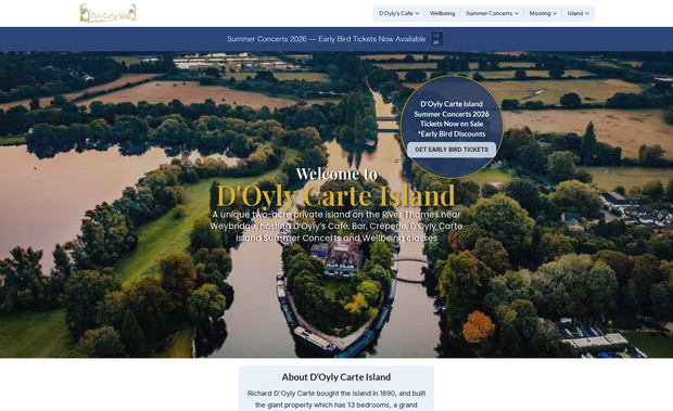 D'Oyly Carte Island : A new Wix Studio site designed and built from scratch to showcase this unique private island in Weybridge, Surrey. 