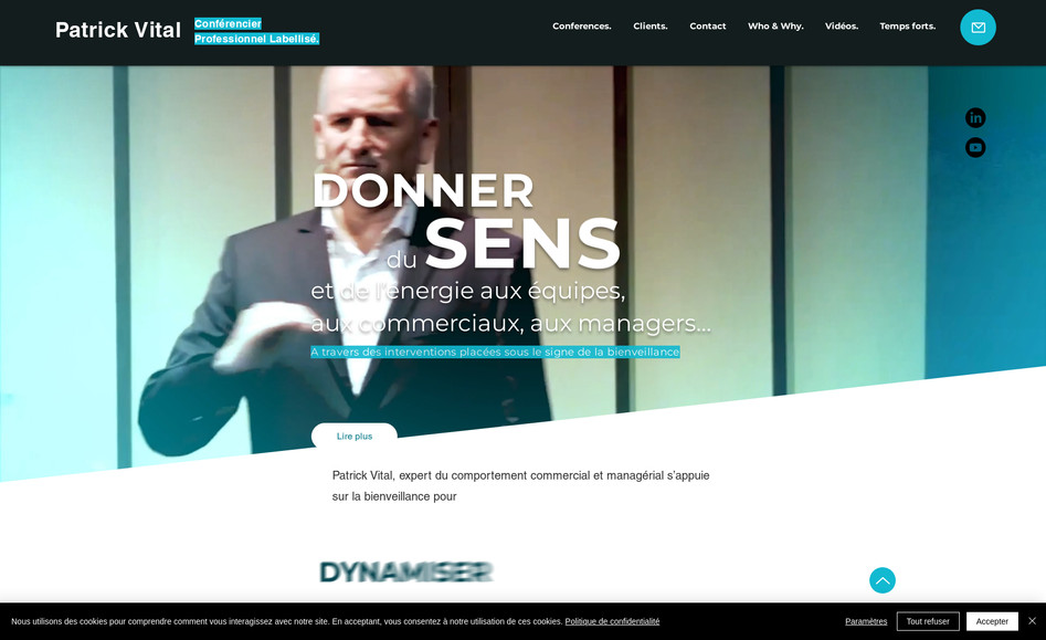 Patrick Vital: Activité : Conférencier professionnel et coach
Notre client souhaitait refaire son site réalisé sous WordPress qui n'était plus maintenu et présentait des failles de sécurité. 
Beaucoup de contenus n'étaient plus à jour, nous avons proposé un site plus dynamique et plus en adéquation avec la personnalité du conférencier et aux attentes de sa cible.
Les nombreuses animations sur le site donnent du mouvement et mettent en valeur les messages.
Nous avons écrit les contenus et les avons optimisés pour obtenir un bon référencement naturel (SEA).
Nous avons proposé volontairement un site web comportant peu de pages de façon à rester focus sur les différentes activité de notre client.
Nous avons misé sur la réassurance des visiteurs en mettant en valeur l'expertise métier et les références clients.
