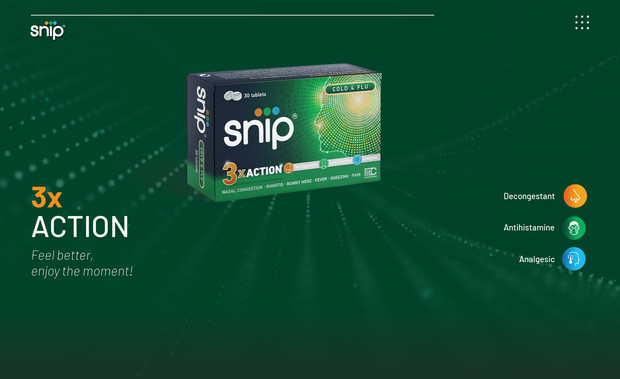 SNIP: We designed the digital product profile for Snip®, a triple-action cold & flu relief tablet, ensuring the layout and visual presentation aligned seamlessly with its pharmaceutical branding. Our work focused purely on clean, functional web design that highlights Snip®’s analgesic, decongestant, and antihistamine benefits clearly and efficiently.
