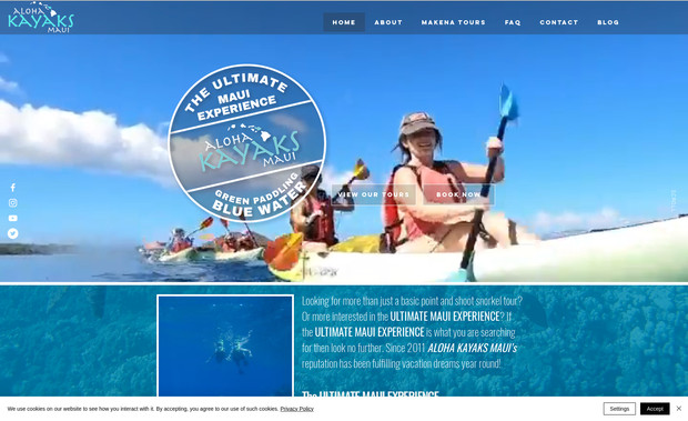 Aloha Kayaks Maui: It's always exciting to work with such a wide variety of companies, and we jumped at the chance to design this site for Aloha Kayaks Maui. Our client provided all of his own videos and photos, showcasing the stunning scenery of Maui, and giving viewers a taste of adventures on the water. This site features information for three different kayak tours, owner bio, FAQs, galleries, directions, and contact information.