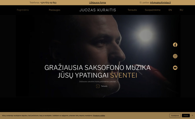 Juozas Kuraitis - Artist Portfolio Website for a Professional Musician: Overview:

Juozas Kuraitis is a Lithuanian singer and creative artist, known for his emotionally rich performances and original compositions. The client needed a personal brand website that would present his music, story, and upcoming performances – all while maintaining an elegant, minimalistic design.

What We Did:

Artist-Centric Design:
Created a calm and tasteful layout with a focus on high-quality portrait photography, clean typography, and space for content to breathe – reflecting artistic integrity and emotional depth.

Music & Video Integration:
Embedded streaming-ready music players and YouTube videos, allowing fans and collaborators to easily listen, view, and share selected works.

Concert Calendar & Announcements:
Added a dynamic events section to list upcoming performances and collaborations, with options to add tickets or event links.

Media & Biography Pages:
Structured a clear narrative about the artist’s background, awards, collaborations, and press materials – useful for event organizers, media, and potential partners.

Mobile Optimization:
Ensured fast and smooth performance across all devices, as many visitors access artist sites from phones.

Result:

JuozasKuraitis.lt now serves as a refined digital home for the artist, allowing him to showcase his work, connect with audiences, and present himself professionally to concert organizers, media, and fans.