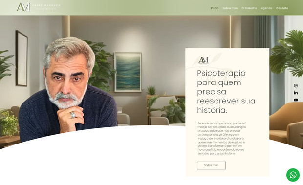 Andre Marouço - Psicoterapeuta: Desenvolvimento de Site Institucional com Integração para Agendamento e Página Dinâmica de Eventos.

Criação de site voltado à apresentação das principais áreas de atuação, metodologia de trabalho e divulgação dos serviços oferecidos pelo André Marouço. O projeto foi desenvolvido com foco na comunicação clara e profissional da marca, facilitando o acesso às informações, transmitindo confiança e segurança.

Incluímos um botão estratégico de agendamento via WhatsApp, proporcionando uma experiência prática e direta para o contato com o profissional. Também foi implementada uma página dinâmica destinada à divulgação de palestras, cursos e eventos futuros, com estrutura preparada para fácil atualização de conteúdo pela própria equipe.