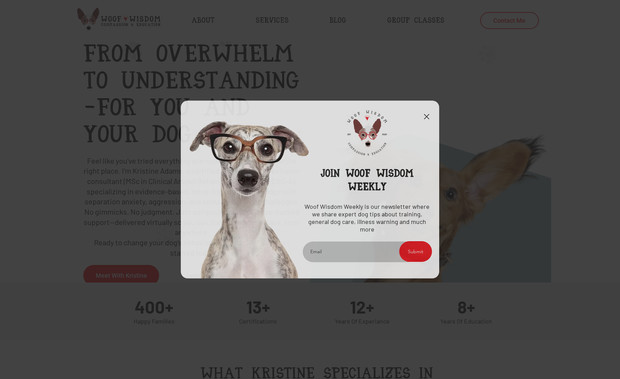 Woof Wisdom: Woof Wisdom is an online dog trainer. We partnered with Kristine to build a platform that allows her to advertise her services, classes and much more. We continue to work with Kristine on various tasks and updates for her website. 