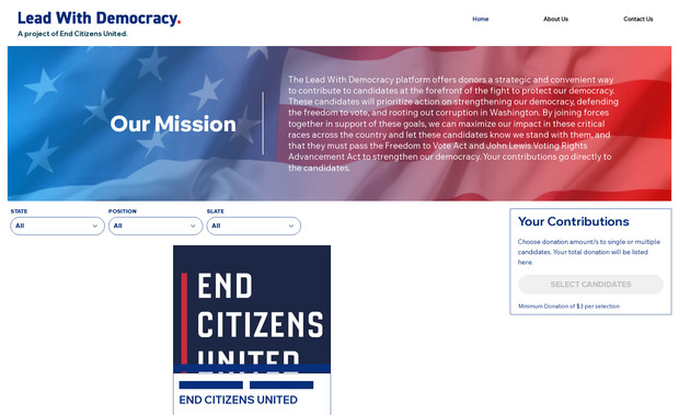 Lead With Democracy: Custom Wix Studio designed website with advanced cart features designed for a major Political Pac