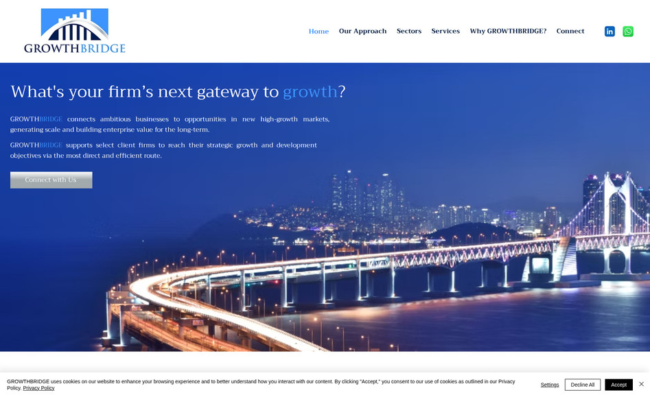 Growthbridge: TNT Marketing & Design had the opportunity to collaborate with Growthbridges, a global business consultancy, to design and develop a professional and accessible website that reflects their international presence and mission to support businesses around the world.

We created a custom design that matched the Growthbridges brand—clean, modern, and professional. The layout was optimized to ensure clarity and ease of use, while maintaining a global corporate look and feel suitable for high-level business decision-makers.

Once the site was launched, we provided the Growthbridges team with a complete walkthrough and training session. We showed them how to manage their content, update service pages, and maintain the site for long-term success.