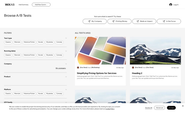 WixAB: Wix AB: Where Internal Systems Meet Advanced Data Analytics

Complex internal enterprise system for AB test management and data analytics, featuring design by the amazing Nadav and crafted by Nick for Wix's Data Org.

Key Features: Advanced AB test result capture • Internal system integrations • Comprehensive test catalog management • Learning hub functionality • State-of-the-art API communications • Enterprise data visualization • Internal team collaboration tools