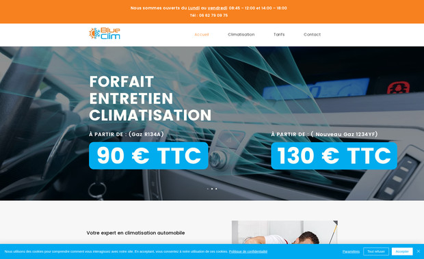 BlueClim: BlueClim est le site web d'un spécialiste de la climatisation automobile. Basé dans le déoartement 33, il intervient dans plusieurs commune et offre des services d'installation ou de réparation de climatisation automobile.