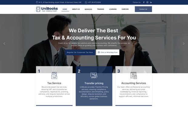 Unibooks: Developed a clean, modern website for a tax and accounting agency, highlighting services like corporate tax, VAT, transfer pricing, and bookkeeping. Improved layout, service structure, branding, and mobile responsiveness to deliver a professional and trustworthy user experience.