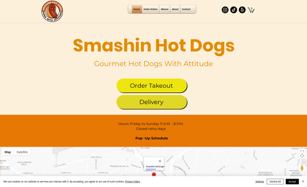 Smashin Hot Dogs: Smashin Hot Dogs is a hot dog pop-up stand based in LA that provides online ordering and catering services for customers to enjoy their hot dogs. This was a website redesign with SEO optimization and integration of the Wix Restaurant app for menus and easy online ordering.