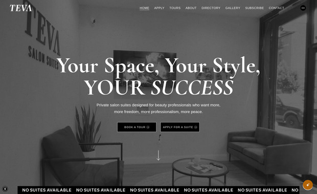 TEVA Salon Suites: BRANDING & WEB DESIGN: Built a modern and functional website for TEVA Salon Suites, highlighting their luxury salon rental spaces and streamlined booking process. The site includes an application form for stylists, a detailed services directory, and clear brand messaging to showcase TEVA as the go-to choice for beauty professionals. The design combines elegance with usability, ensuring both potential tenants and clients can navigate with ease.