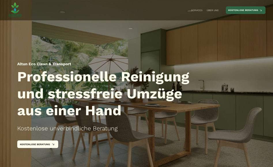 Altun Eco Clean & Transport: Für Altun Eco Clean & Transport haben wir eine moderne Website für ein Reinigungs und Umzugsunternehmen in der Schweiz entwickelt. Ziel war es, die Dienstleistungen klar strukturiert darzustellen und gleichzeitig Professionalität, Effizienz und Vertrauen zu vermitteln.

Umgesetzte Funktionen und Inhalte:

Startseite mit klarer Positionierung und Leistungsübersicht
Strukturierte Darstellung der Reinigungs und Transportdienstleistungen
Integration einer Anfragefunktion für Offerten und Kontaktaufnahme
Hervorhebung von Zuverlässigkeit, Schnelligkeit und Qualität
Responsives Design für optimale Darstellung auf allen Endgeräten
Suchmaschinenoptimierte Struktur für lokale Sichtbarkeit
Individuelles Design passend zur Branche und Zielgruppe

Die Website kombiniert ein professionelles Erscheinungsbild mit klarer Nutzerführung. Kunden erhalten schnell einen Überblick über alle Leistungen und können direkt eine unverbindliche Anfrage stellen.

For Altun Eco Clean & Transport, we developed a modern website for a Swiss cleaning and moving company. The goal was to present the services in a clear and structured way while communicating professionalism, efficiency, and trust.

Implemented features and content:

Homepage with clear positioning and service overview
Structured presentation of cleaning and transport services
Integrated inquiry function for quotes and contact
Emphasis on reliability, speed, and quality
Responsive design for optimal display on all devices
Search engine optimized structure for local visibility
Custom design tailored to the industry and target audience

The website combines a professional appearance with clear user guidance. Clients quickly understand the offered services and can directly submit a non binding request.