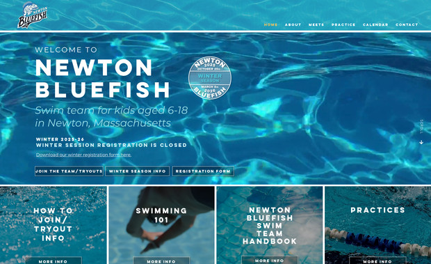 Bluefish Swim Team: Web site for a town swim team, rebuilt from the ground up, with a focus on organizing a wide variety of information for parents and swimmers. The site features details for the current season, how to join, meet times and locations, practice and volunteer info, and three forms to contact coaches regarding meet attendance and general info requests. Our goal was to design a visually robust, fun site with an intuitive navigation, and provide the coaches with an easy way to communicate with the community.