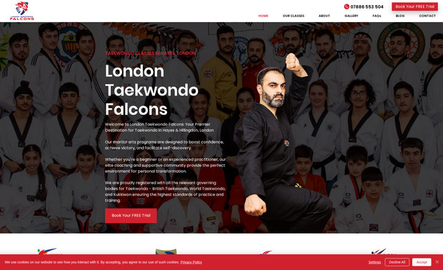 Taekwondo Falcons: A clean, mobile‑optimised site showcasing classes, timetable, instructors, and pricing, with easy enquiry and sign‑up options for all ages and levels.