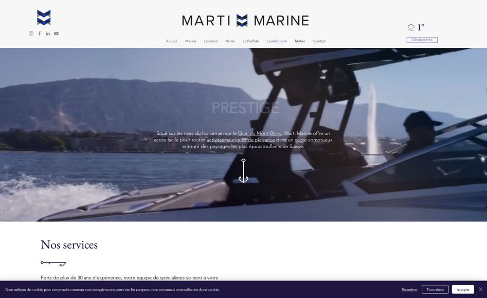 La Marina officielle de Genève : Marti Marine: Lorsque l'élégance rencontre le luxe, avec un site pensé en harmonie avec les courbes des vagues et les mouvements des bateaux sur le lac Léman. Une expertise approfondie du domaine nautique, accompagnée d'une hiérarchisation complète de l'information pour simplifier l'expérience utilisateur. Ce site dispose également d'un back office ultra performant permettant de modifier toutes les données sans compromettre le design !