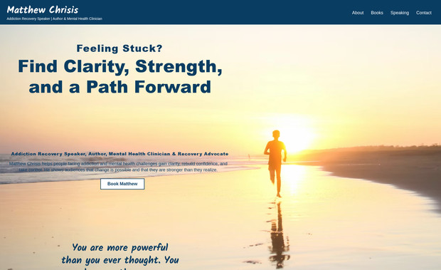 Matthew Chrisis: Winebrenner Designs partnered with Matthew Chrisis, an addiction recovery speaker, author, and mental health clinician, to create his first professional website. Our goal was to establish a strong online presence that helps him attract speaking opportunities, share his message, and promote his book.

Using our proven W-Design Method, we developed clear, engaging messaging, implemented on-page SEO, and created a seamless user experience. The site includes a custom booking form, lead magnet with automated email sequence, and strategic calls to action. The result is a polished, high-performing website that builds credibility and helps Matthew grow his reach and impact.