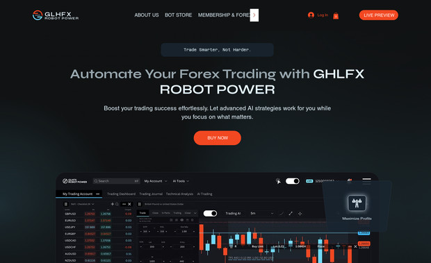 GLHFX Robot Power: Developed a modern, AI-focused website for GLHFX, a pioneering platform revolutionizing Forex trading through automation. The site highlights advanced AI-powered trading solutions, with a user-centric design that communicates innovation, trust, and expertise. Built to provide seamless navigation, it empowers users to explore tools and services that optimize their trading journey.