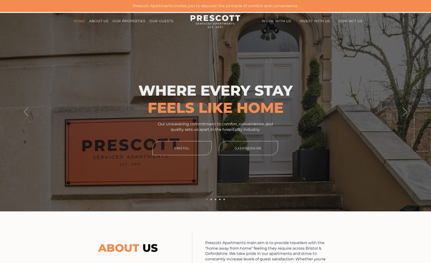 Prescott Apartments: As a web design and development agency, we worked with Prescott Apartments to create a professional and user-friendly website that showcases their serviced accommodation offerings. This project focused on delivering a platform that highlights their unique features while providing a seamless experience for potential guests.

Our Contributions:
- Custom Design: Designed a bespoke website tailored to Prescott Apartments’ brand, ensuring a modern and polished online presence.
- Property Showcase: Developed a feature-rich property section with high-quality visuals, detailed descriptions, and booking functionality.
- Optimised Navigation: Created an intuitive layout to help visitors easily browse accommodations and services.
- Responsive Design: Ensured the website is fully optimised for all devices, offering a consistent experience across desktops, tablets, and smartphones.
- SEO Optimisation: Implemented SEO strategies, including metadata and structured data, to boost online visibility and attract organic traffic.
- Interactive Features: Integrated inquiry forms and booking links to enhance user engagement and streamline the booking process.
- Social Media Integration: Connected the website with Prescott Apartments’ social platforms to expand their reach and drive engagement.

Outcome:
The website now serves as a sleek and professional platform that effectively represents Prescott Apartments. It enhances their online presence, improves user experience, and helps attract more guests to their serviced accommodations.