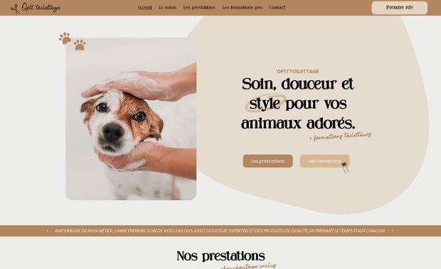 Opti'toilettage: Création d’un site vitrine doux et professionnel pour un salon de toilettage reconnu pour son approche humaine et bienveillante. Le site présente les prestations, les tarifs, des témoignages clients. Il met aussi en lumière la passion de la gérante et son offre de formations en présentiel. Un design clair, rassurant et facile à naviguer pour attirer de nouveaux clients et futurs toiletteurs.