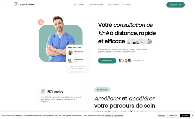 Physioconsult: Site vitrine application réservation de séances kiné à distance