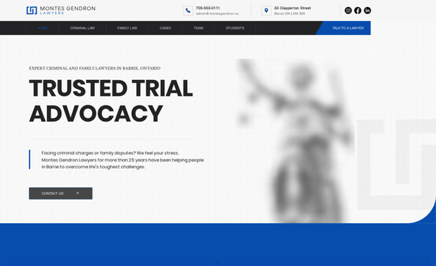 Montes Gendron Lawyers: We partnered with Montes Gendron Lawyers to create a high-impact website that reflects their professionalism, trust, and legal expertise in both criminal and family law. Our team handled every aspect of the design and development—from crafting a clean, modern interface to structuring the site for seamless navigation and fast loading.

To support their growth, we implemented an SEO strategy tailored to their core services and target locations, including Barrie, Simcoe County, and surrounding areas. This included optimized page titles, schema markups, internal linking, and location-based keyword targeting to improve search visibility and lead generation.

We also integrated clear calls-to-action, contact forms, and client-centered content to increase conversions and enhance user trust. Today, the Montes Gendron website not only looks professional—it ranks for high-intent legal searches and consistently attracts qualified inquiries.