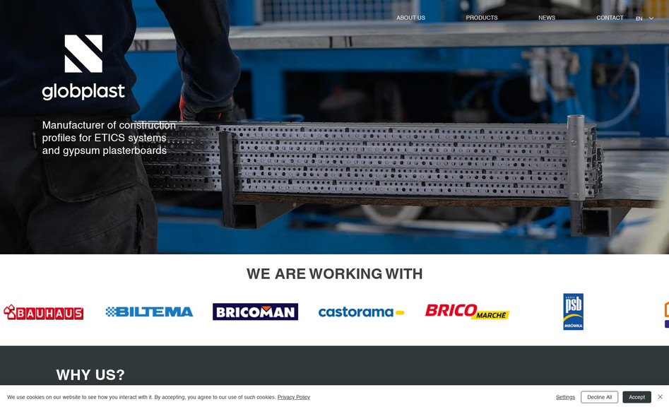 GLOBPLAST: Multilingual website built on Wix Studio for Globplast – manufacturer of construction profiles for ETICS systems and gypsum plasterboards. The site features English, Polish, and German versions, product catalog presentation, and SEO optimization for European markets.