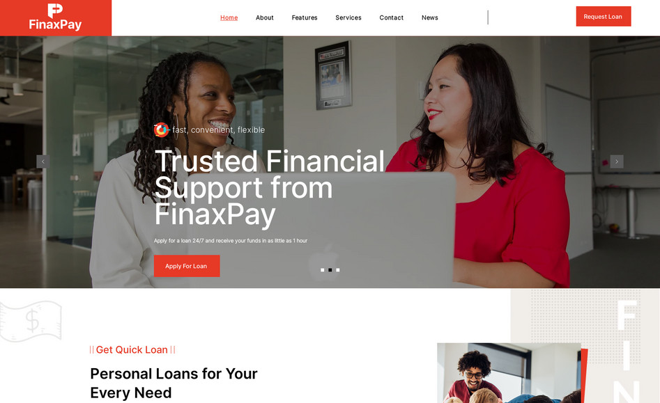 FinaxPay: Developed a clean and professional website for a personal loan provider, designed to showcase their commitment to easing financial challenges. The site highlights their range of loan options and user-focused services, offering a seamless experience from application to approval.