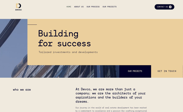 Devco: We built Devco's website to reflect their holistic approach to residential developments, featuring vibrant colors, unique typography, and dynamic pages that bring their projects to life.