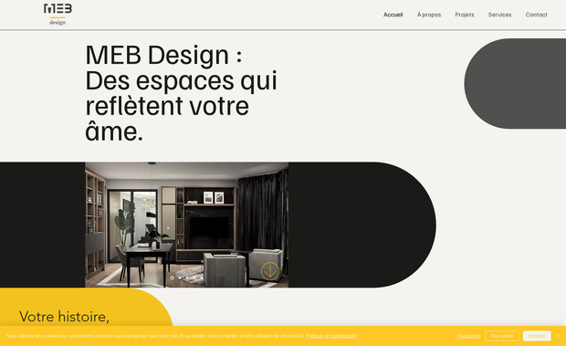 MEB Design: Le site de MEB Design, conçu sur Wix de base, est un site vitrine élégant et professionnel qui met en valeur l’expertise en design d’intérieur de l’entreprise. Il offre une navigation fluide et renforce la crédibilité de MEB Design auprès de sa clientèle cible.

🎨 Le design épuré du site a été soigneusement pensé pour représenter fidèlement les goûts et les demandes spécifiques de la cliente. Chaque section met en valeur son style distinctif, tout en conservant une présentation claire et aérée qui reflète parfaitement son approche du design.

📊 Côté SEO, le site est optimisé afin d’assurer une visibilité optimale sur les moteurs de recherche. TechnoMentor a analysé le marché et les compétiteurs pour cibler des mots-clés pertinents et attirer un public qualifié.

➡️ Le site précédent a été migré vers Wix de base. Grâce à notre accompagnement, la transition s’est faite sans heurts, avec une gestion complète des redirections d’URL pour maintenir le bon référencement.

💸 Ce site représente une solution économique et rapide à mettre en ligne, parfaite pour une professionnelle souhaitant présenter son portfolio et ses services sans compromis sur la qualité visuelle ni l’expérience utilisateur.