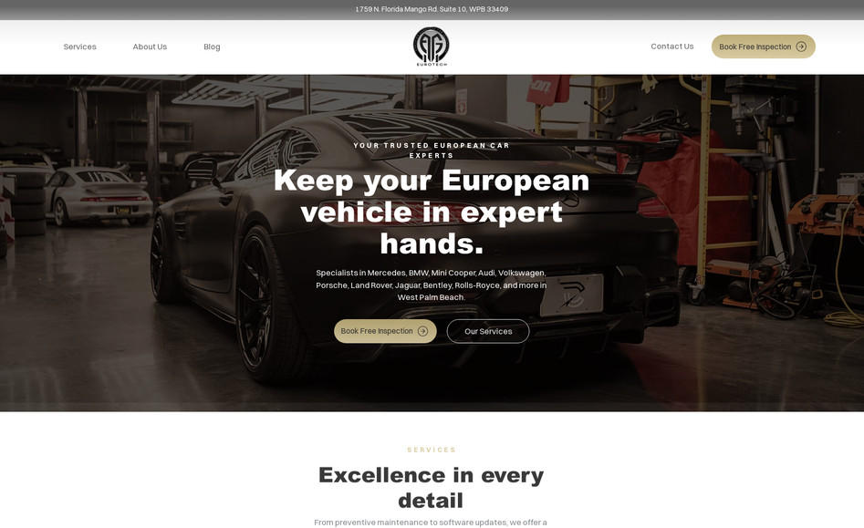 AGM Eurotech: Project Description: AGM Eurotech Website Design and Optimization

Client Overview:
AGM Eurotech is a luxury European car repair and maintenance company located in West Palm Beach, serving owners of high-end vehicle brands such as Mercedes-Benz, BMW, Porsche, and Rolls-Royce. The client's primary goal was to create a professional and visually compelling website that resonates with luxury car owners while providing seamless functionality for showcasing services, engaging customers, and driving leads.

Web Design and UX/UI Implementation
1. Professional, Luxury-Focused Design
Kendall Development crafted a modern and elegant design to align with AGM Eurotech’s target audience: owners of high-end luxury vehicles.

Sophisticated Design Elements: Clean lines, bold typography, and a professional color palette convey a sense of quality and expertise.
Hero Section: The homepage hero section prominently features messaging like "Your Trusted European Car Experts" alongside a strong call-to-action (CTA) button for users to easily book a free inspection.
Trust Indicators: The inclusion of well-known car brands in the copy (e.g., Mercedes, Audi, Porsche) emphasizes credibility and attracts the intended audience.
2. Seamless Navigation and User Experience
The user experience (UX/UI) ensures visitors can easily find the information they need:

Intuitive Navigation: A clean, top-menu navigation bar keeps essential links (e.g., "Services," "About Us," and "Contact Us") accessible.
Action-Oriented Design: CTAs like "Book Free Inspection" and service-specific details are prominently displayed to boost user engagement.
Mobile Optimization: The site is fully responsive to ensure optimal usability across desktop and mobile devices—crucial for busy luxury car owners.
3. Services Page with Detailed Project Descriptions
The "Services" page highlights AGM Eurotech’s offerings (e.g., factory maintenance, electrical troubleshooting, air conditioning diagnostics) in a clear and concise format.

Focused Layout: Each service is broken down with subheadings and descriptive content to educate users about the value provided.
Visual Hierarchy: A sharp visual hierarchy makes critical information easy to scan and absorb.
4. Client-Focused About Page
The "About Us" page was designed to showcase the founder’s passion for automobiles and build trust with visitors.

Storytelling: The narrative emphasizes expertise, passion, and precision, resonating with an audience that values quality craftsmanship.
SEO Optimization Strategies
1. Keyword Research and Strategic Placement
Kendall Development conducted extensive keyword research to optimize AGM Eurotech’s website for search engines. Keywords such as "luxury car repair West Palm Beach," "European car maintenance," and "BMW electrical troubleshooting" were implemented strategically throughout the website.

On-Page SEO: Keywords were seamlessly integrated into headings, meta descriptions, alt text, and body content without compromising readability.
Localized SEO: Phrases like "West Palm Beach European car experts" target local customers searching for high-quality services nearby.
2. Content Creation for Search Intent
The website's blog section was optimized for both informational and transactional search intent:

Blog topics such as "How to Keep Your Luxury Vehicle in Optimal Condition" and "Benefits of Free Vehicle Inspections for Your Luxury Car" were created to address pain points of car owners while encouraging them to take action.
Content structure follows SEO best practices, with clear subheadings, bulleted lists, and keyword-rich copy.
3. Technical SEO Enhancements
Fast Load Speeds: The site is optimized for performance, ensuring quick load times to reduce bounce rates—a key ranking signal for search engines.
Mobile Responsiveness: The responsive design ensures a good user experience across all devices, improving SEO rankings.
Secure Connection: A secure HTTPS protocol was implemented to boost trust and search engine rankings.
4. Local SEO Optimization
Specific techniques were implemented to highlight AGM Eurotech's location and target West Palm Beach-area customers:

Google My Business Integration: Address, phone number, and contact details were showcased prominently to support local SEO.
NAP Consistency: Information such as "1759 N Florida Mango Rd, Suite 10, West Palm Beach, FL 33409" is consistent across the website to improve local search visibility.
Results of the Optimization
By combining expert web design, user-centric UX/UI, and SEO best practices, Kendall Development ensured that AGM Eurotech’s website is:

Visually Compelling: It stands out as a professional and trustworthy brand for luxury car owners.
Highly Functional: Visitors can easily navigate the website to book services, read detailed blogs, and contact the team.
SEO-Optimized: The site ranks competitively for high-intent keywords, driving increased organic traffic and generating more leads.