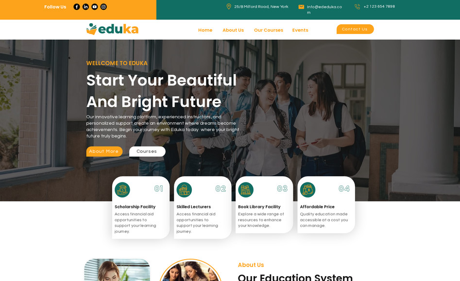 EDUKA - Innovative Learning Platform: Service Type : Website Design

Description : 
We designed and developed the Eduka website using the Wix Editor, focusing on a clean, professional layout. Subtle hover effects and smooth interactions were implemented throughout the site to enhance usability, improve visual appeal, and create a more engaging user experience.