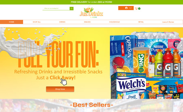 Juzdrinkz: Website design for an online snack store.