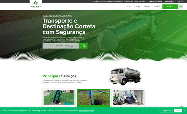 Sarandi: O site da Sarandi Soluções Ambientais foi desenvolvido com foco em transmitir credibilidade, inovação e compromisso com a sustentabilidade. A proposta de criação uniu design moderno e funcionalidade, garantindo uma navegação simples e intuitiva para o usuário.