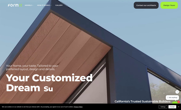FormX: Advanced construction technology website showcasing modular building systems and customizable ADU solutions for the California market.