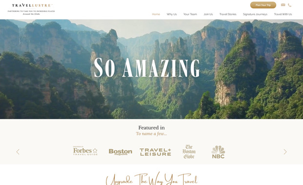 travellustre: Travel agency website with custom visuals and advanced features.