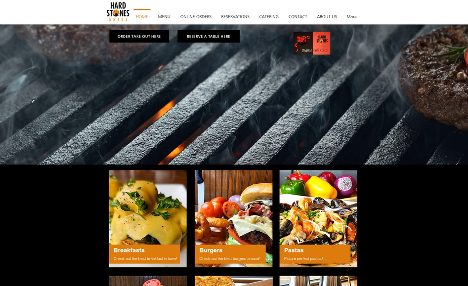 Hard Stones Grill: Full website design, content design, semi-professional menu pictures, table reservations function, online take-out function.